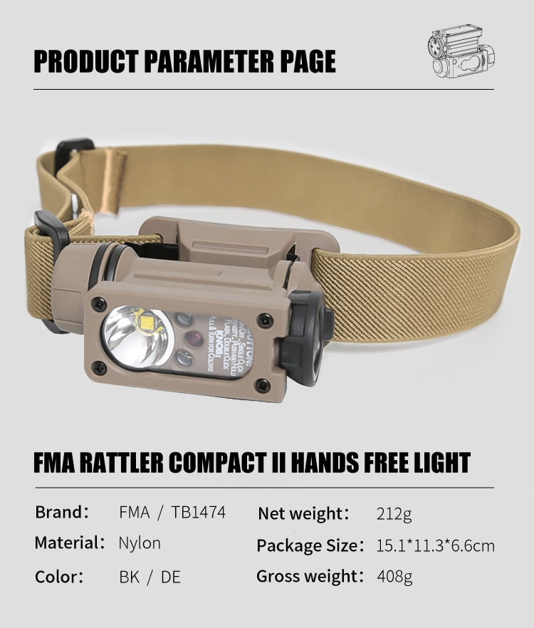 FMA Rattler Compact II Hands Free Light  Black / Dark Earth - Socom Tactical Airsoft - -  Airsoft