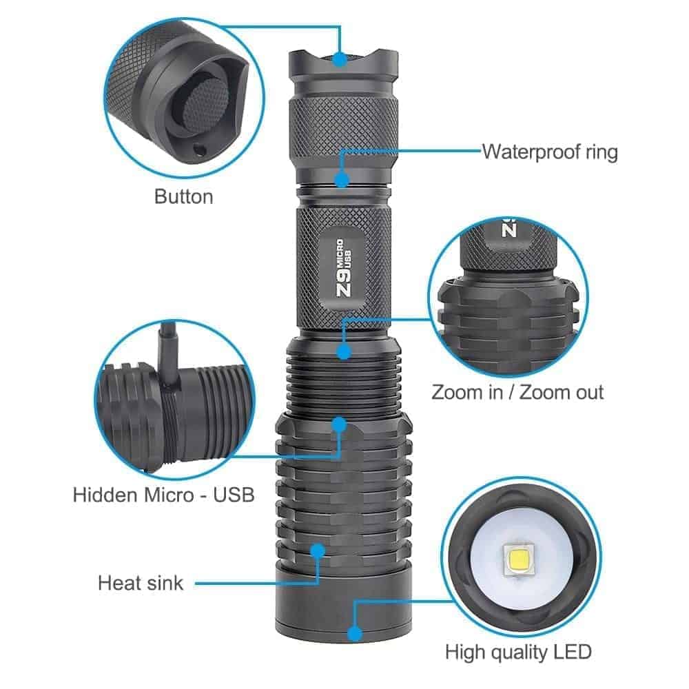 TrustFire Z9 Zoomable 3 mode Flashlight USB Rechargeable - Socom Tactical Airsoft - -  Airsoft